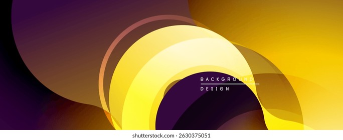 Abstract design features layered shapes, vibrant yellow, purple hues. Modern aesthetic, smooth gradients create dynamic visual effect.