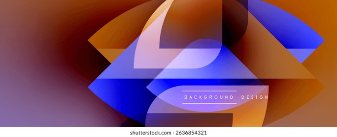 Abstract design features layered shapes, vibrant colors. Gradient blends orange, blue, purple hues. Modern aesthetic, dynamic composition.