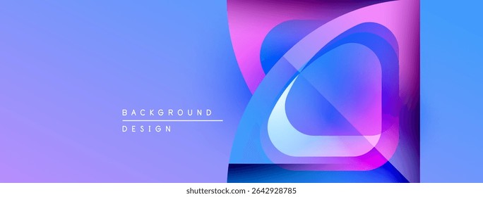 Abstract design features layered shapes, vibrant colors. Gradient blends purple, blue, pink hues. Modern aesthetic, clean lines present.
