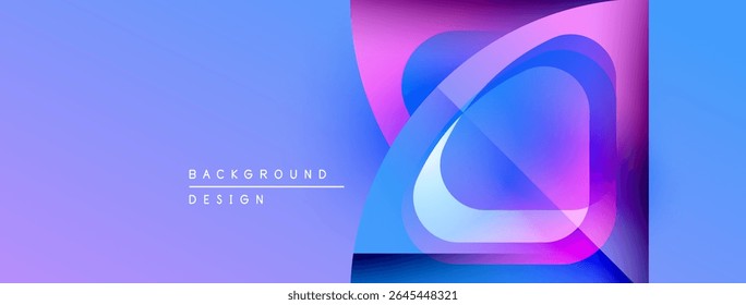 Abstract design features layered shapes, vibrant colors. Gradient blends purple, blue, pink hues. Modern aesthetic, clean lines present.