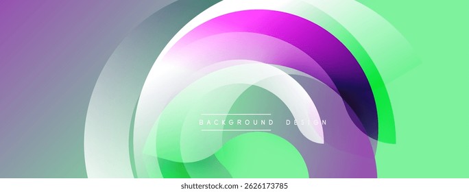 Abstract design features layered translucent circles. Purple, green, white hues blend smoothly creating modern visual effect. Background includes text.