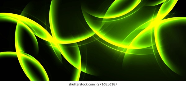 Abstract design features luminous green curves against dark background. Dynamic composition evokes energy, movement, modern aesthetic.