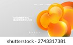 Abstract design features orange overlapping circles. Minimalist style with text elements work, about, portfolio, contact. Gradient background present.