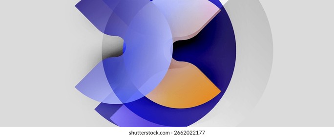 O design abstrato apresenta círculos azuis e laranjas sobrepostos. Óculos de gradiente criam profundidade, estética moderna. Composição minimalista, linhas limpas presentes.