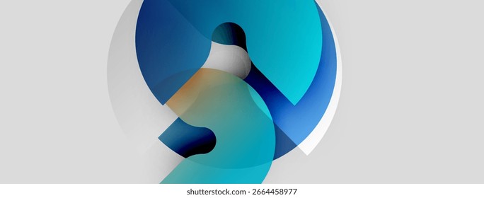Abstract design features overlapping blue shapes, creating dynamic circular composition. Soft gradients suggest depth, modern aesthetic.