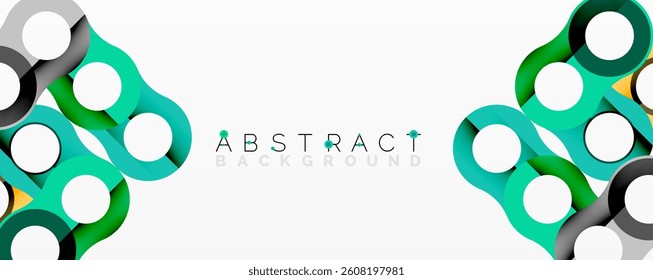 Abstract design features overlapping circles, green, teal, black, white. Modern aesthetic, clean lines, geometric shapes. Minimalist composition, vibrant colors, dynamic pattern.