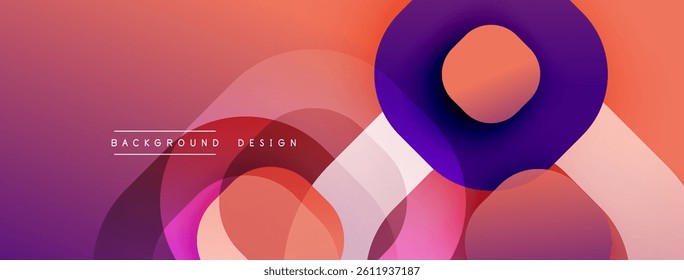 Abstract design features overlapping circles, curves. Gradient blends purple, orange hues creating dynamic visual effect. Modern background suitable for various projects.