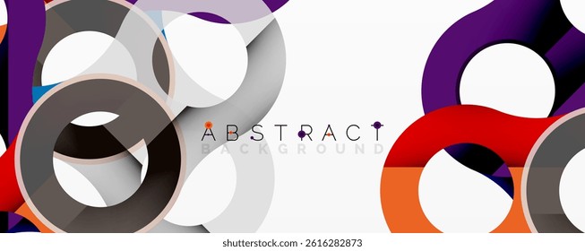 Abstract design features overlapping circles, squares. Modern composition uses vibrant colors, gradients. Clean, minimalist aesthetic.