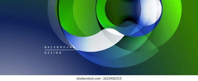 Abstract design features overlapping circles, gradients. Blue, green hues dominate composition. Minimal text present, modern aesthetic.