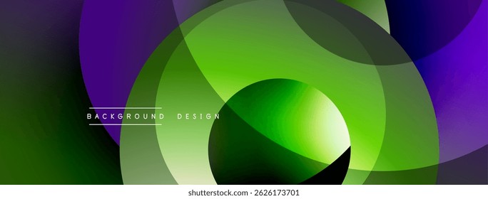 Abstract design features overlapping circles, vibrant green, purple hues. Modern aesthetic, smooth gradients create dynamic visual impact.