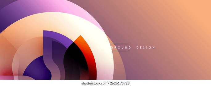 Abstract design features overlapping circles, gradients. Colors include purple, red, orange, white. Modern aesthetic, smooth transitions.