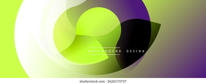 Abstract design features overlapping circles, gradients. Yellow, purple hues create dynamic visual effect. Modern background texture.