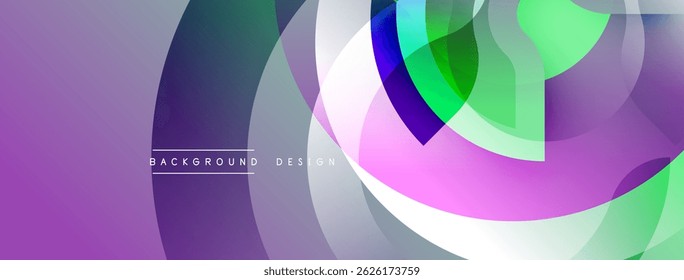 Abstract design features overlapping circles, vibrant purple, green hues. Modern, dynamic composition creates visual interest. Smooth gradients present flowing effect.