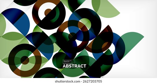 Abstract design features overlapping circles, semicircles. Colors include blue, green, brown, white. Gradient effect present. Modern composition.