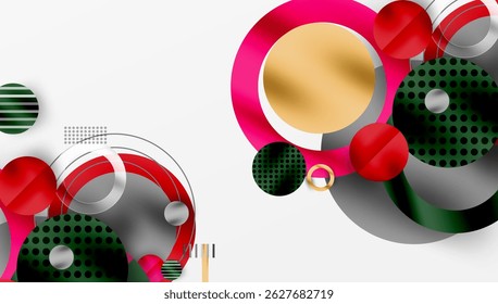 Abstract design features overlapping circles, lines, dots. Colors include red, pink, green, gray, white. Modern, dynamic composition.
