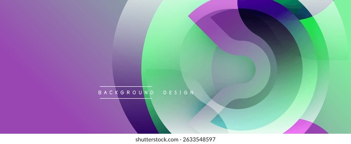 Abstract design features overlapping circles, gradients. Purple, green hues dominate composition. Modern aesthetic, simple text element present.