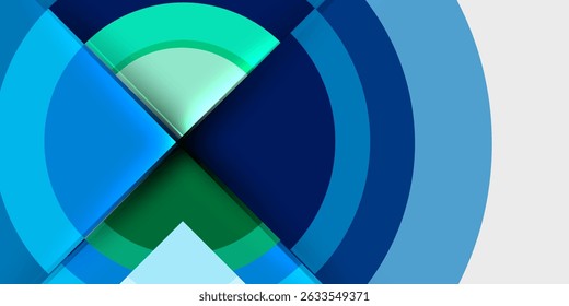 Abstract design features overlapping circles, vibrant blues, greens. Modern aesthetic, clean lines, dynamic composition. Minimalist, geometric shapes present.