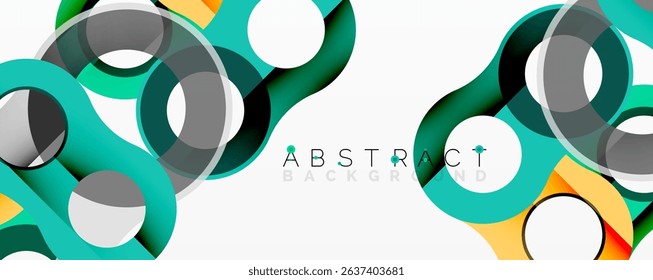 Abstract design features overlapping circles, squares, wavy lines. Teal, orange, gray colors dominate white background. Modern aesthetic.