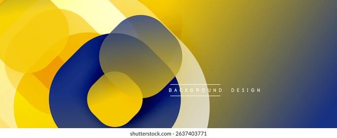 Abstract design features overlapping circles, gradients. Yellows, blues, grays create dynamic visual effect. Modern aesthetic.