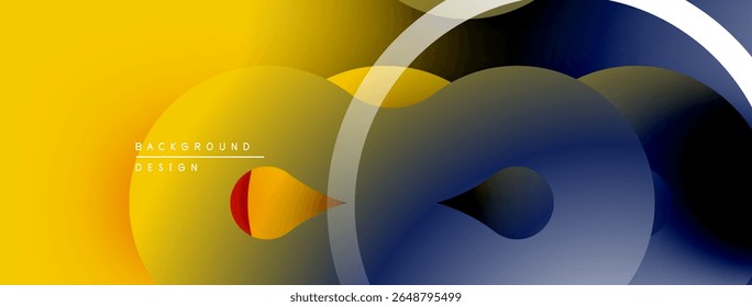 Abstract design features overlapping circles, gradients. Yellow, navy, white hues create dynamic visual effect. Modern background texture.