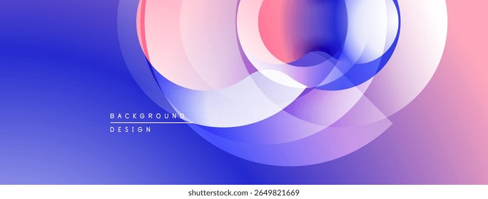 Abstract design features overlapping circles, gradients. Blue, pink hues create modern visual effect. Minimal text present.