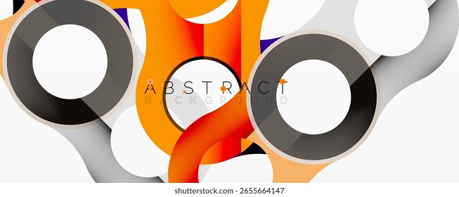 Abstract design features overlapping circles, vibrant orange hues, gray shades. Modern composition creates dynamic visual impact.
