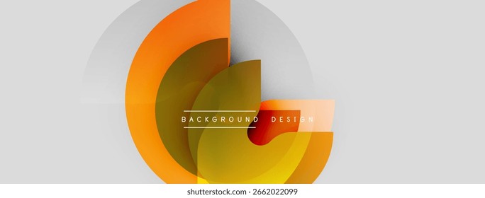 O design abstrato apresenta círculos sobrepostos. Matizes laranja e amarelo dominam o cenário neutro. Estilo minimalista, estética moderna. O texto lê o design do plano de fundo.