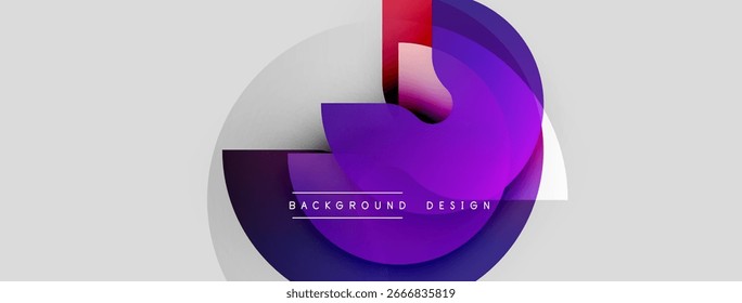 Abstract design features overlapping circles, purple hues, white space. Text reads background design. Modern, minimalist aesthetic.