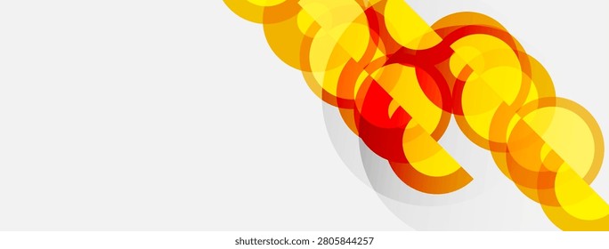Abstract design features overlapping circles, warm colors, gradient effect. Modern, dynamic composition with ample white space.