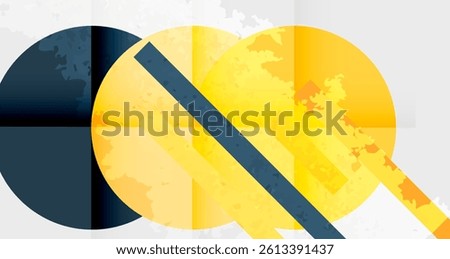 Abstract design features overlapping circles, squares, diagonal lines. Yellow, dark blue hues dominate composition. Texture suggests map elements, geographic data visualization. Modern aesthetic.
