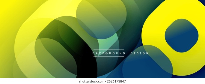 Abstract design features overlapping colorful circles, gradients. Yellow, green, blue hues create dynamic visual effect. Modern background element.
