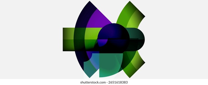 Abstract design features overlapping colorful arcs. Purple, green hues dominate central form, set against white background. Modern, dynamic composition.