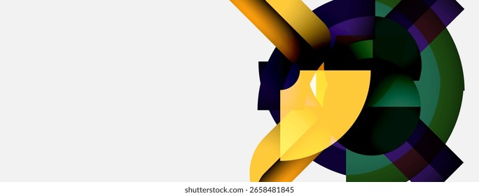 Abstract design features overlapping colorful shapes. Yellow dominates right side, contrasted by darker hues. Modern, dynamic composition.
