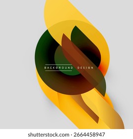 Abstract design features overlapping colorful shapes. Yellow, green, brown hues create dynamic composition. Modern aesthetic, simple background.
