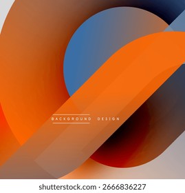 O design abstrato apresenta sobreposições de formas coloridas. Matizes laranja, azul e marrom criam composição dinâmica. Estética moderna.