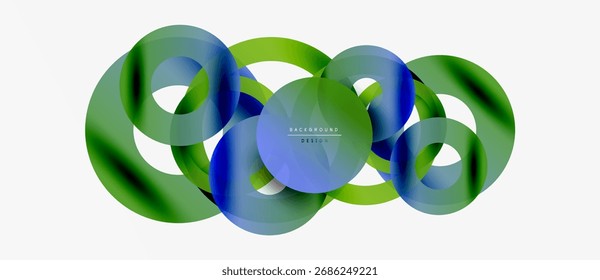 Abstract design features overlapping colorful rings. Gradient shades blend blue, green, yellow creating dynamic visual effect. Minimalist background.