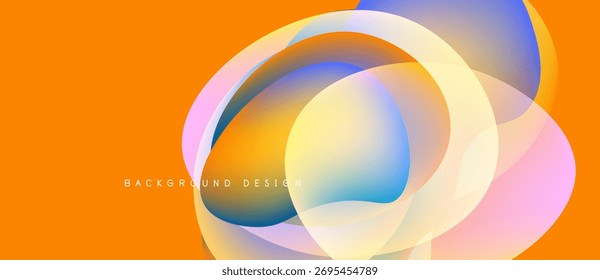 O design abstrato apresenta círculos coloridos sobrepostos. O plano de fundo laranja fornece contraste, criando efeito visual dinâmico. Composição moderna e vibrante.