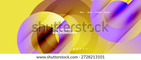 Abstract design features overlapping colorful circles. Text includes geometric background, plus menu options work, about, portfolio, contact.