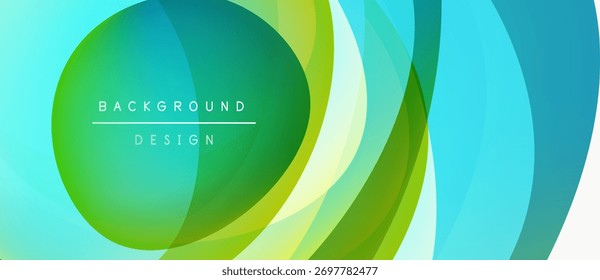 Abstract design features overlapping curved shapes. Green, blue hues create dynamic visual effect. Modern background suitable for various projects.