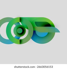Abstract design features overlapping green, blue circles. Modern aesthetic, clean lines, minimalist composition. Subtle gradients create depth.