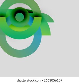 Abstract design features overlapping green, blue circles. Minimalist composition with gradient shades, clean lines, modern aesthetic.