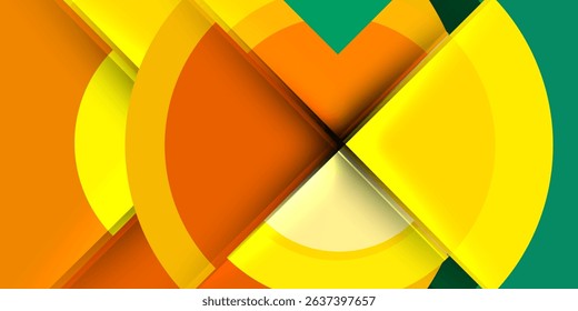 Abstract design features overlapping orange, yellow shapes. Dark background enhances vibrant color contrast, creating dynamic visual effect.