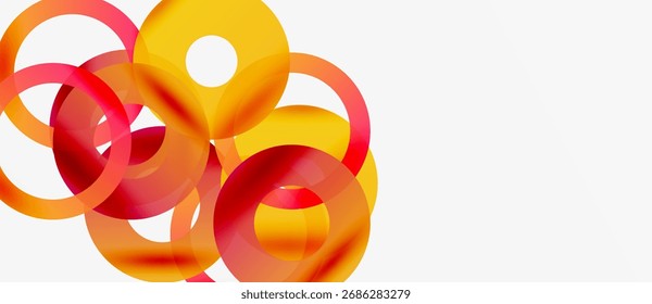 Abstract design features overlapping orange, red circles. Minimalist composition creates dynamic visual impact. Clean background enhances shapes.