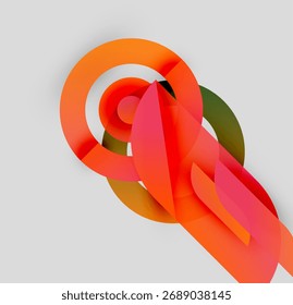 Abstract design features overlapping orange, red, green shapes. Minimalist composition with soft gradients, modern aesthetic.
