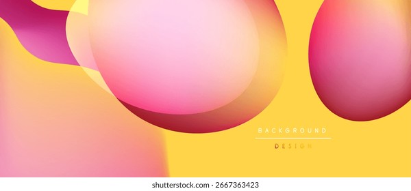 Abstract design features overlapping pink, orange layers on yellow backdrop. Smooth gradients create modern visual effect.