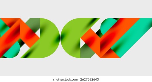 Abstract design features overlapping ribbons. Colors include orange, green, teal against dark background. Modern, dynamic composition.