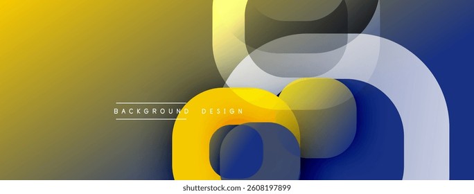 Abstract design features overlapping rounded shapes. Colors include yellow, blue, gray, white. Modern aesthetic, simple composition. Smooth gradients create depth.