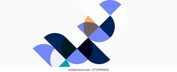 Abstract design features overlapping semicircles. Blue, navy, lavender hues dominate white background. Modern, minimalist aesthetic.