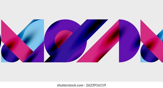 Abstract design features overlapping shapes, vibrant colors. Pink, purple, blue hues create dynamic composition. Modern aesthetic.