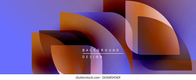 Abstract design features overlapping shapes, gradients. Purple, orange hues dominate composition. Modern aesthetic, dynamic visual impact.